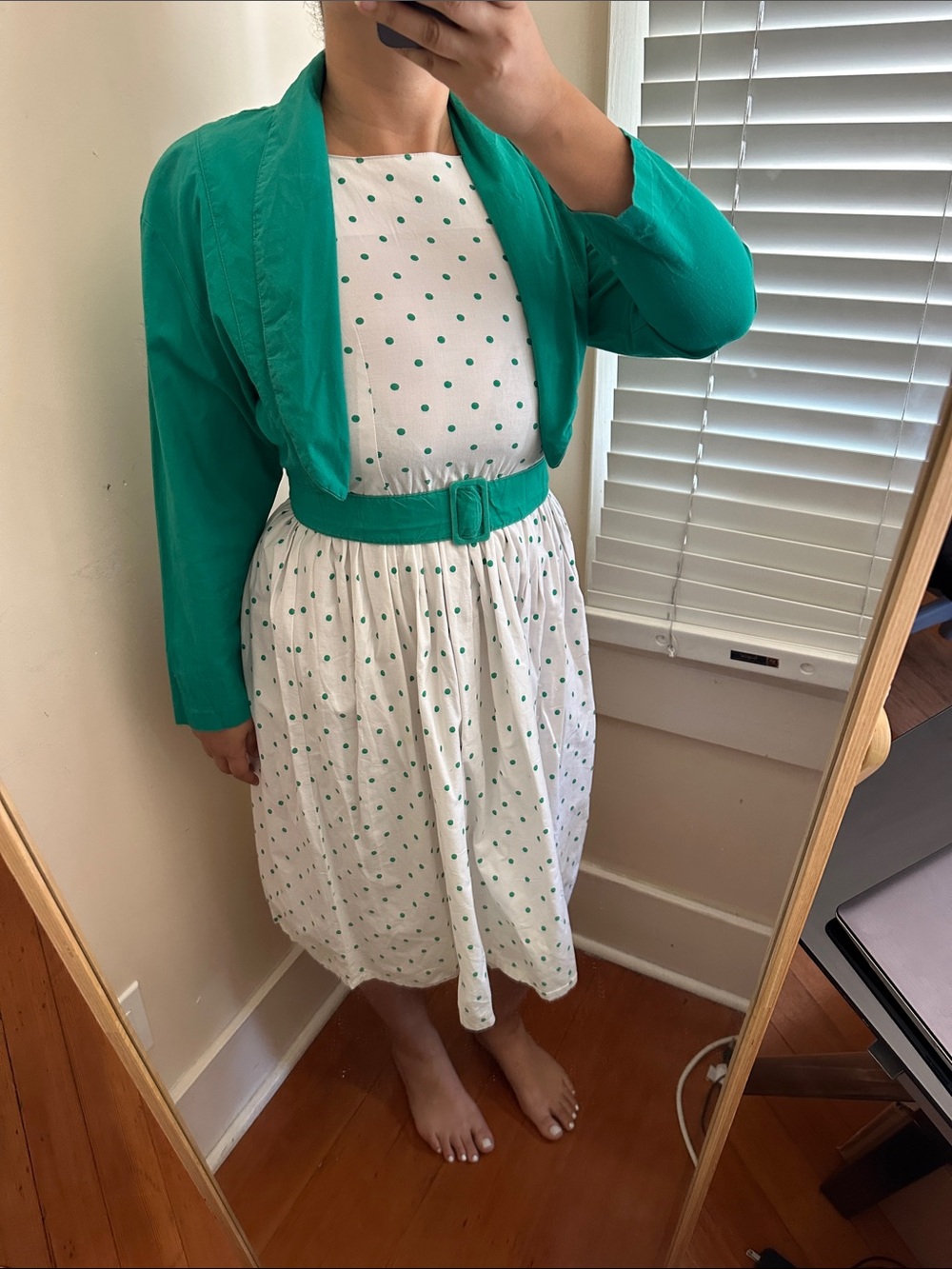 Vintage California Girl White Green Dot Print Belted Dress Cropped Jacket Cotton